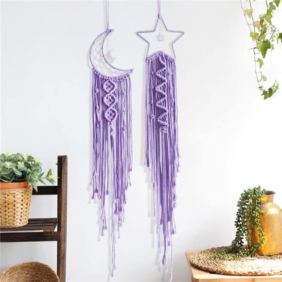 2pcs Star and Moon Dream Catchers,Teen Girl Room Decor,Macrame Wall Hanging